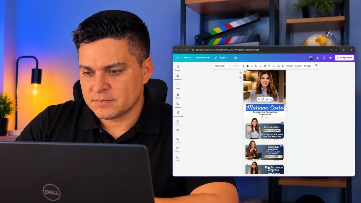 Eri Rodrigues ensinando a editar um modelo de link na bio no Canva